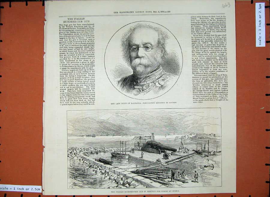 Old Antique Print Duke Saldanha Portuguese Minister 1876 Canon Spezia Gun 19th