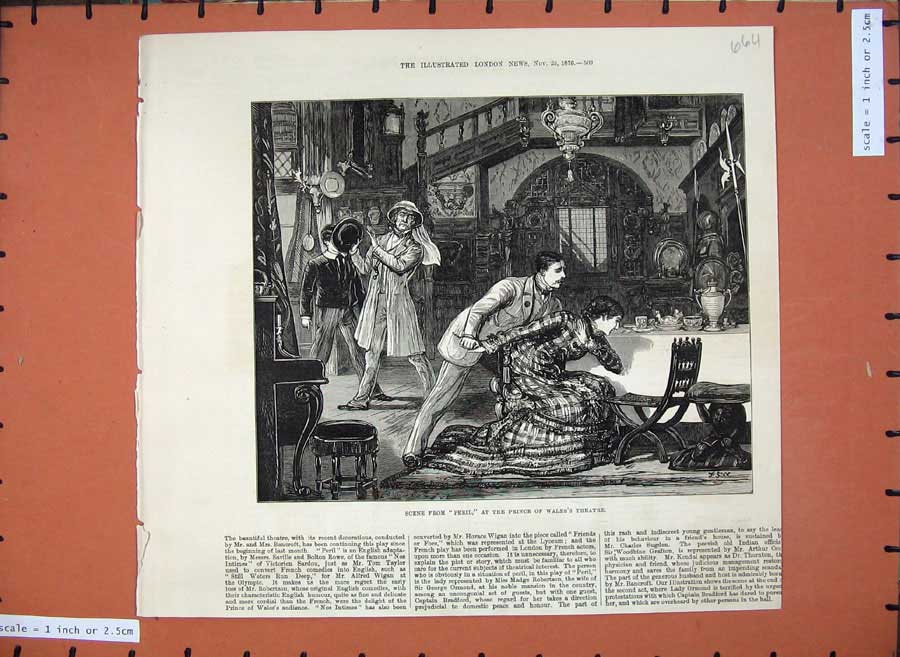 Old Antique Print 1876 Fine Art Scene Peril Prince Wales Theatre Romance 19th