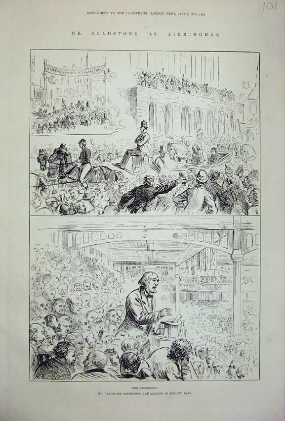 Original Old Antique Print 1877 Mr Gladstone Birmingham Bingley Hall Procession