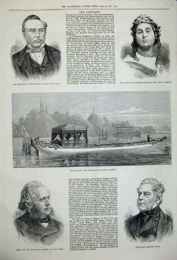 Original Old Antique Print 1877 Queens Barge Boat Rous Harper Shepstone Maxwell
