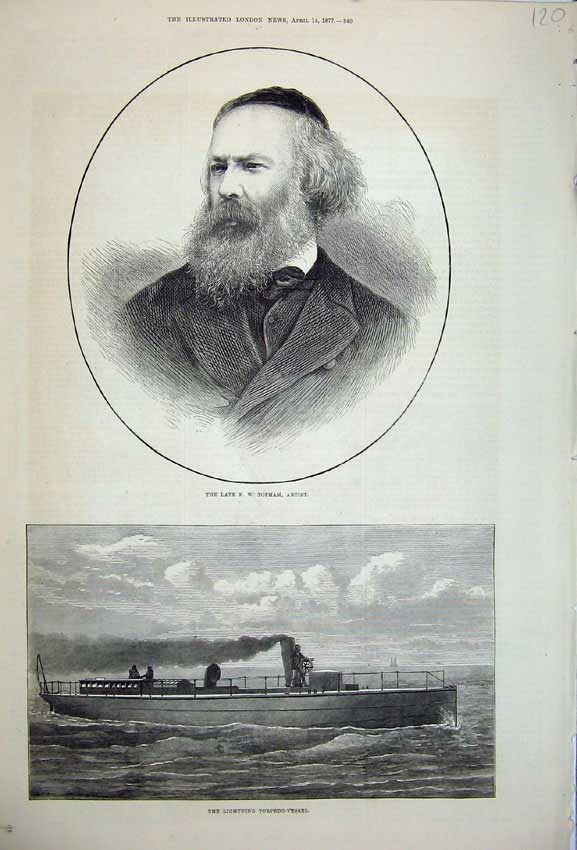 Old Antique Print 1877 Portrait Topham Artist Lightning Torpedo Ship Art 19th