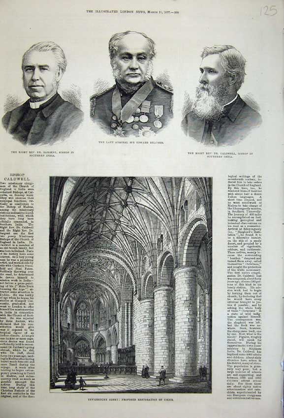 Old Antique Print 1877 Tewkesbury Abbey Bishop Sargent Belcher Caldwell 19th