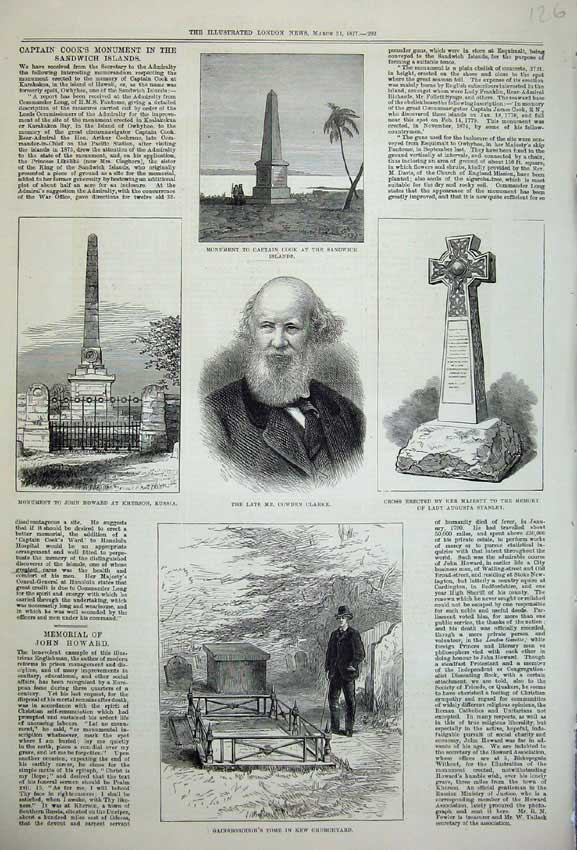 Original Old Antique Print 1877 Monument Captain Cook Howard Clarke Kew Stanley