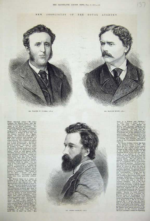 Original Old Antique Print 1877 Royal Academy Ouless Marcus Stone Peter Graham