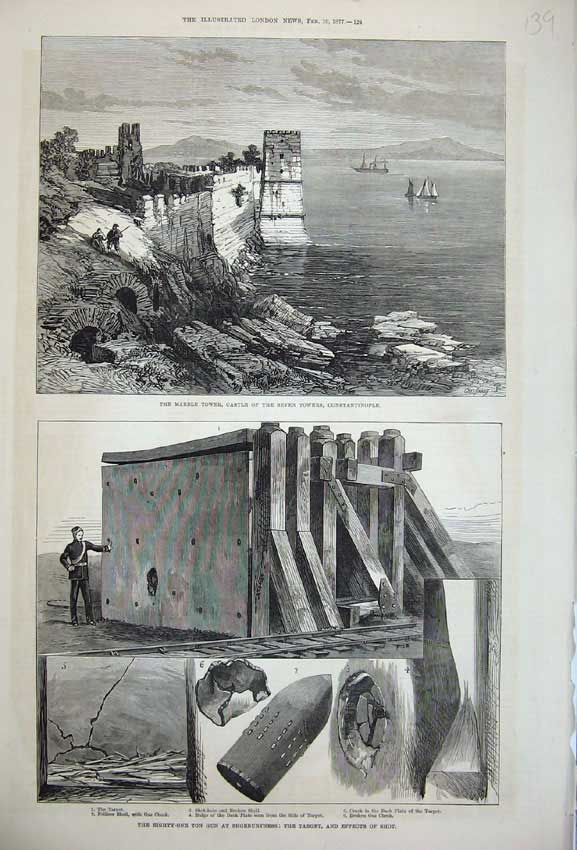 Original Old Antique Print 1877 Marble Tower Castle Constantinople Shoeburyness