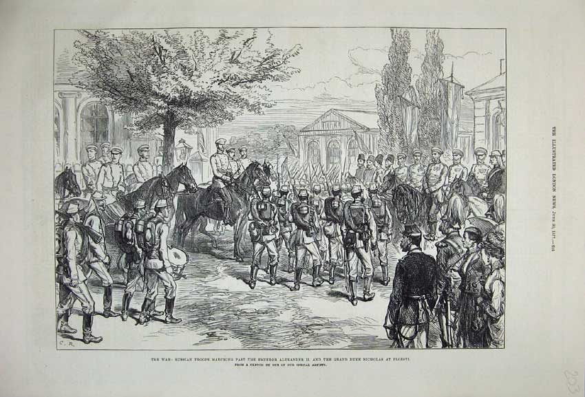 Old Antique Print 1877War Russian Army Emperor Alexander Nicholas Ploesti 19th