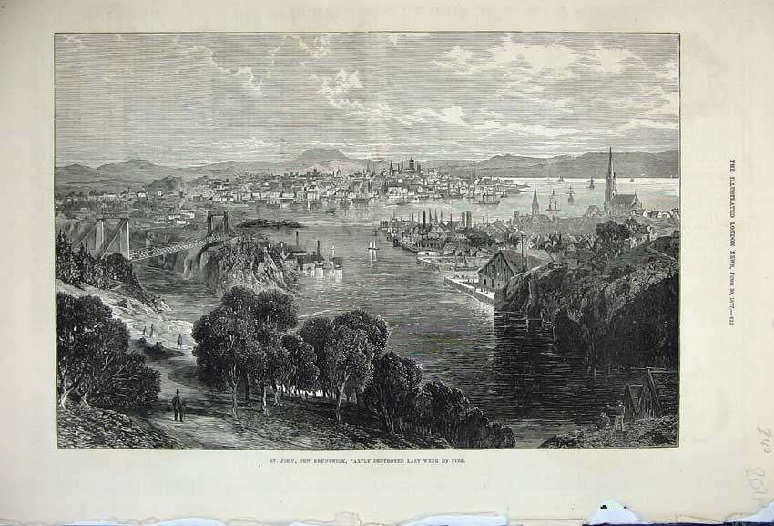 Old Antique Print 1877 Fine Art View St John Brunswick New Zealand Bridge 19th
