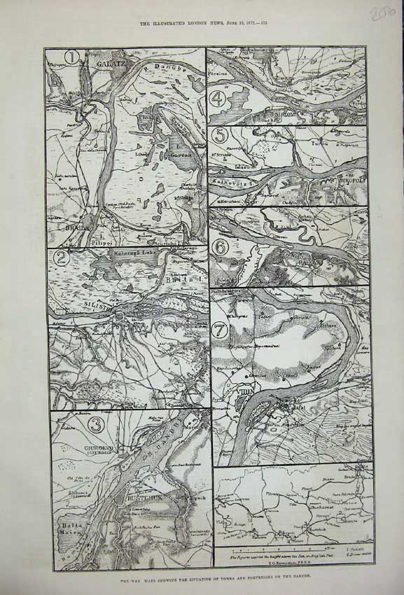Original Old Antique Print 1877 War Maps Towns Fortresses River Danube Germany