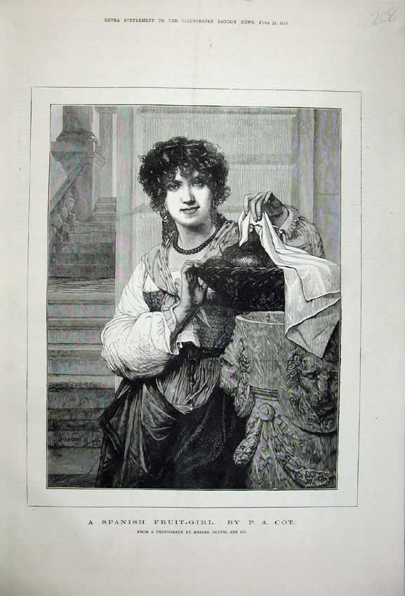 Original Old Antique Print 1877 Fine Art Portrait Spanish Fruit Girl Seller Cot