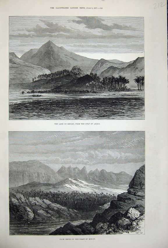 Original Old Antique Print 1877 Land Midian Gulf Akaba Palm Grove Mountains Art