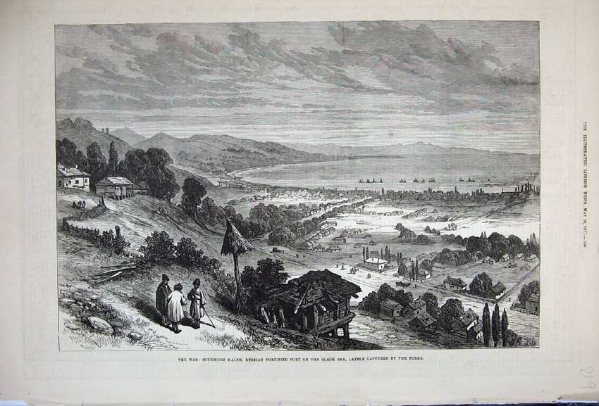 Old Antique Print 1877 War Soukhoum Kaleh Russian Port Black Sea Turkish 19th