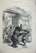 Old Antique Print 1877 Performing Bear Russian Village Animal People Man 19th
