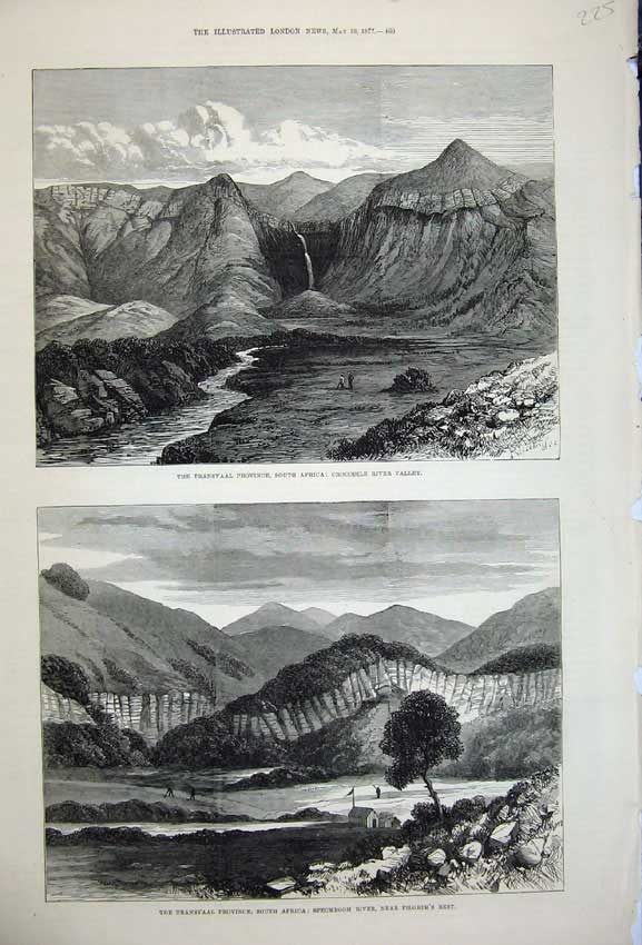 Original Old Antique Print 1877 Transvaal Africa Crocodile River Pilgrim'S Rest
