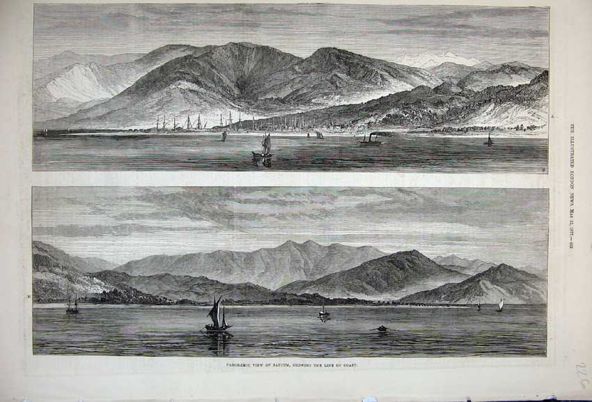 Original Old Antique Print 1877 Panoramic View Batcum Mountains Boats Fine Art