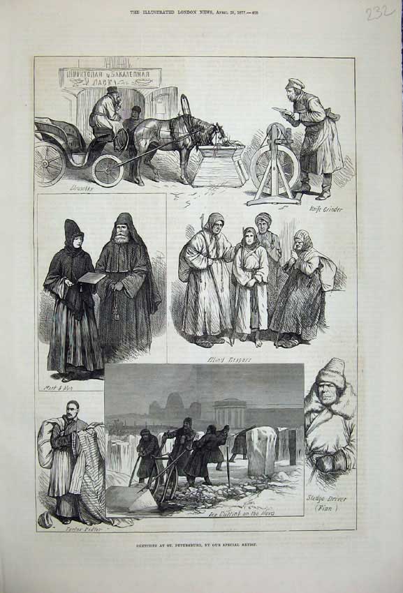 Original Old Antique Print 1877 St Petersburg Monk Nun Beggars Sledge Driver