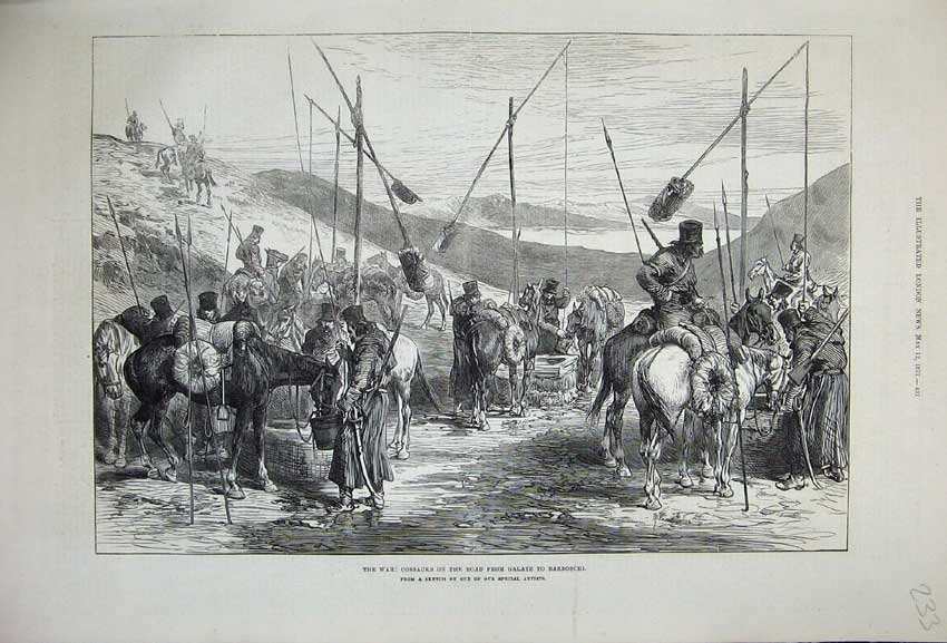 Old Antique Print 1877 War Cossacks Galatz Barboschi Horses Army Spears 19th