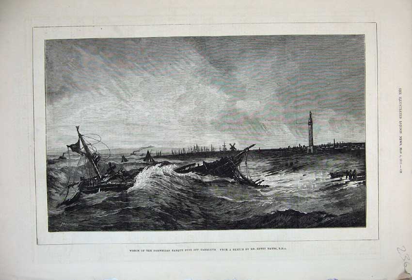 Original Old Antique Print 1877 Wreck Norwegian Barque Suez Yarmouth Ships Art