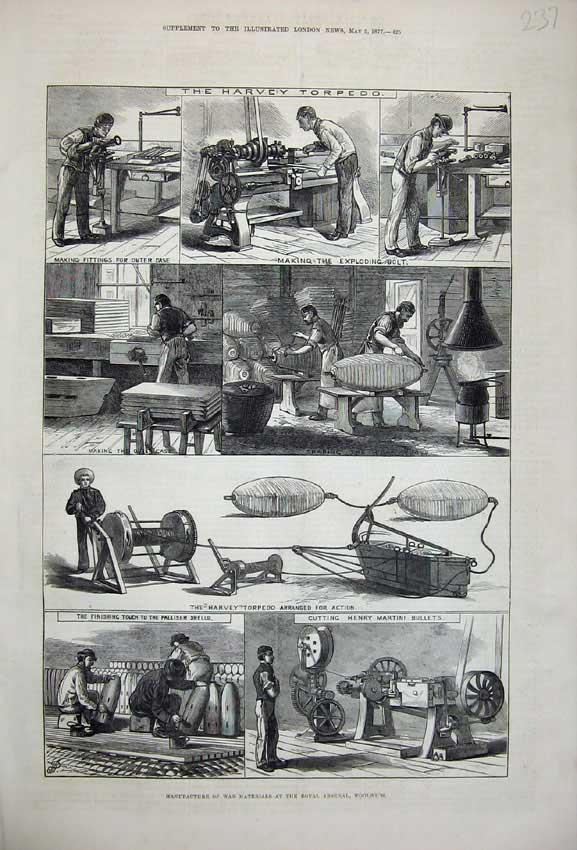 Old Antique Print 1877 Manufacture Weapons War Arsenal Woolwich Torpedo 19th