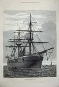 Original Old Antique Print 1877 Fine Art Turkish Ironclad War Ship Hamidieh Sea