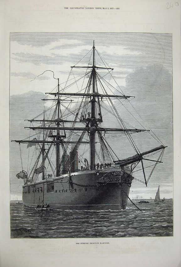 Original Old Antique Print 1877 Fine Art Turkish Ironclad War Ship Hamidieh Sea