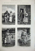 Old Antique Print 1877 Russian Peasants Man Woman Young Girls Moujik Art 19th