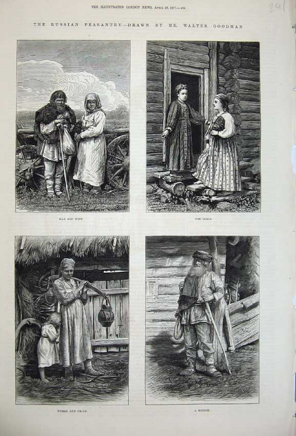 Old Antique Print 1877 Russian Peasants Man Woman Young Girls Moujik Art 19th