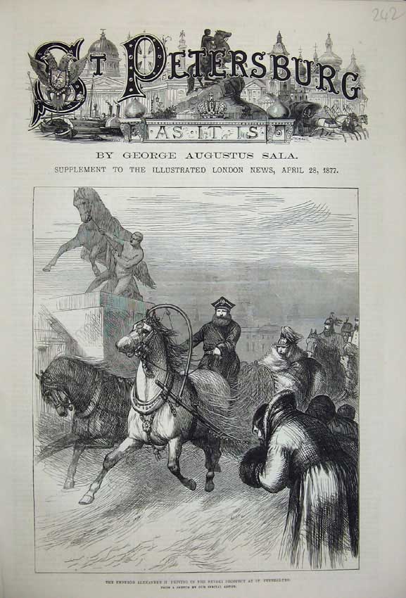 Old Antique Print 1877 Emperor Alexander Nevski Horses Petersburg Russia 19th