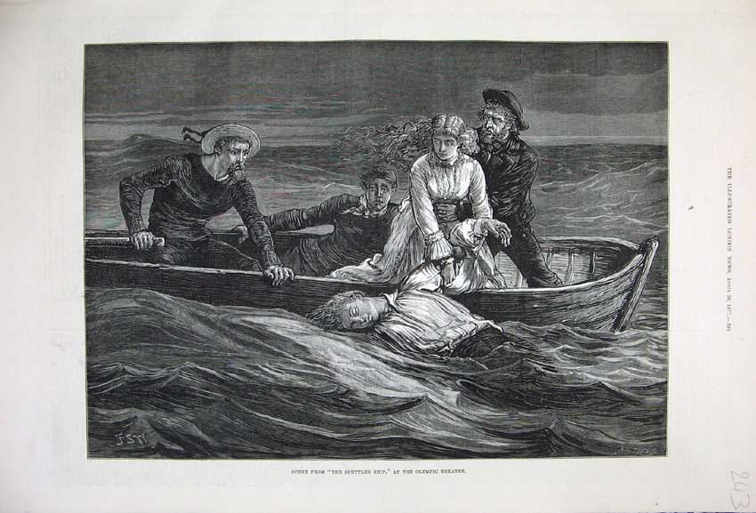 Old Antique Print 1877 Scene Scuttled Ship Olympic Theatre Boat Sea Art 19th