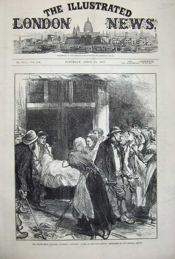 Original Old Antique Print 1877 Troedyrhiw Colliery Accident Pit Scene Mining