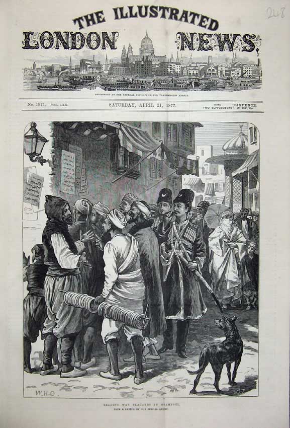 Original Old Antique Print 1877 Men Street Reading War Placards Stamboul Dog