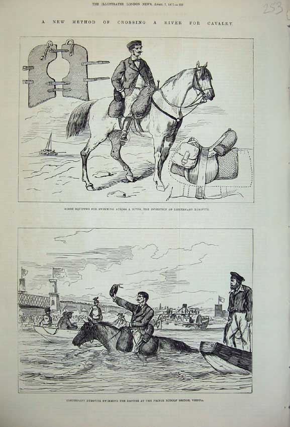 Old Antique Print 1877 Zubovitz River Danube Horse Vienna Rudolf Bridge 19th