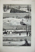 Old Antique Print 1877 Fine Art Floods River Thames Kingston Bridge Boats 19th