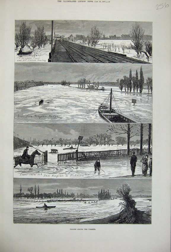 Old Antique Print 1877 Fine Art Floods River Thames Kingston Bridge Boats 19th