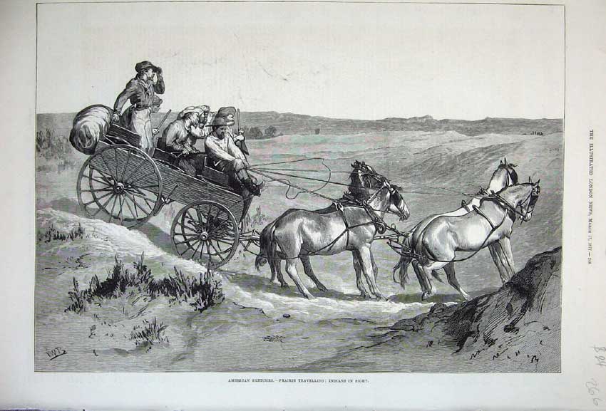 Old Antique Print 1877 America Prairie Travelling Horse Cart Men Rifles 19th