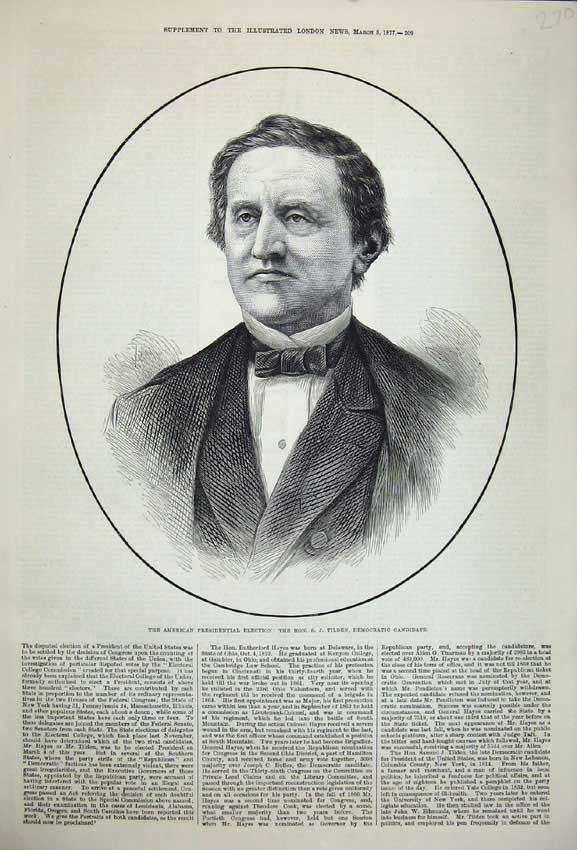 Old Antique Print 1877 American Elections Tilden Democratic Candidate Man 19th