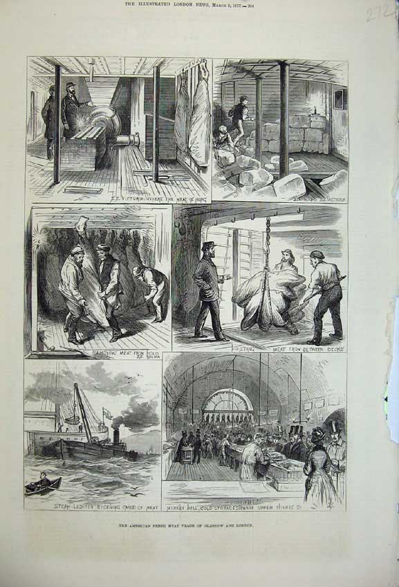 Original Old Antique Print 1877 American Fresh Meat Trade Market London Glasgow