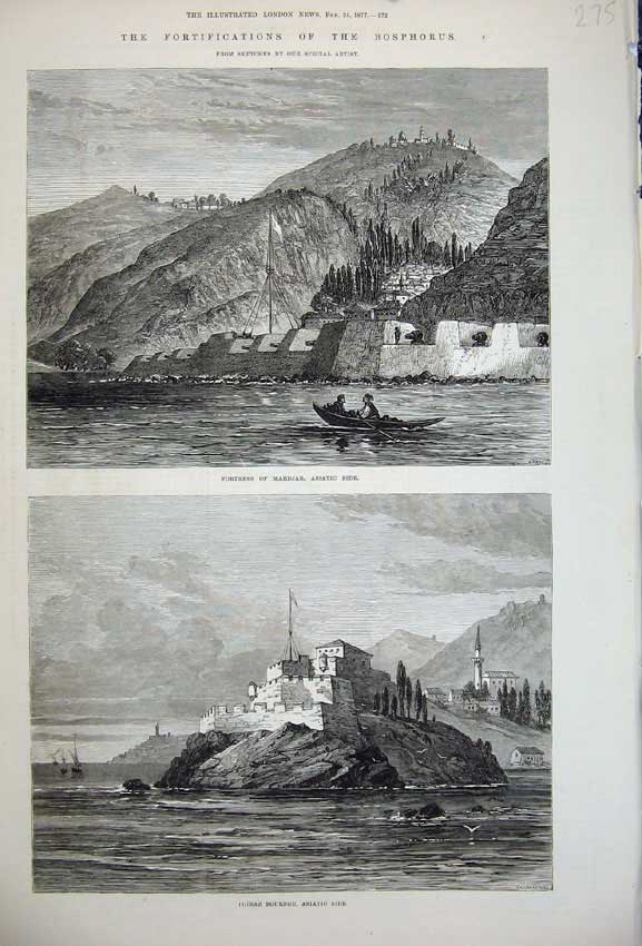 Old Antique Print 1877 Bosphorus Fortress Mahdjar Asiatic Poiraz Bournou 19th
