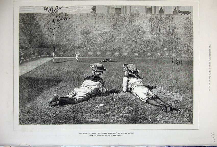 Original Old Antique Print 1877 Young School Boys Lying Garden Flame Dudley