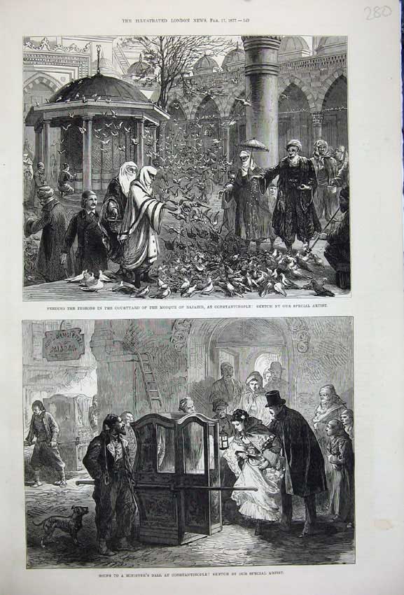 Old Antique Print 1877 Pigeons Mosque Bajazid Constantinople Carriage Art 19th