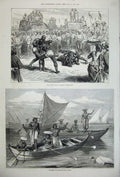 Old Antique Print 1877 Guicowar Baroda'S Wrestlers Boatmen Malabar Africa 19th