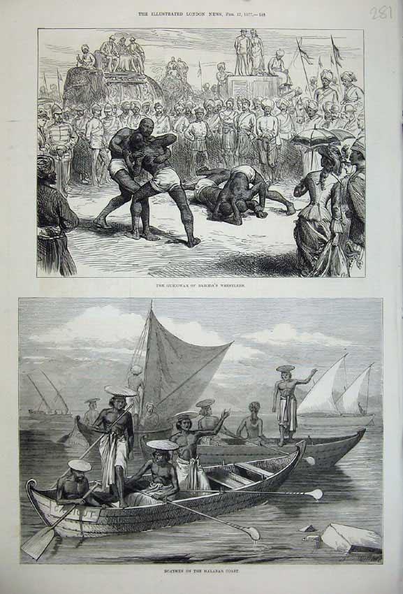 Old Antique Print 1877 Guicowar Baroda'S Wrestlers Boatmen Malabar Africa 19th