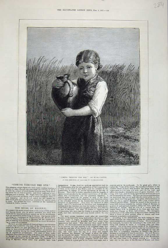 Original Old Antique Print 1877 Little Girl Jug Country Corn Field Coming Rye