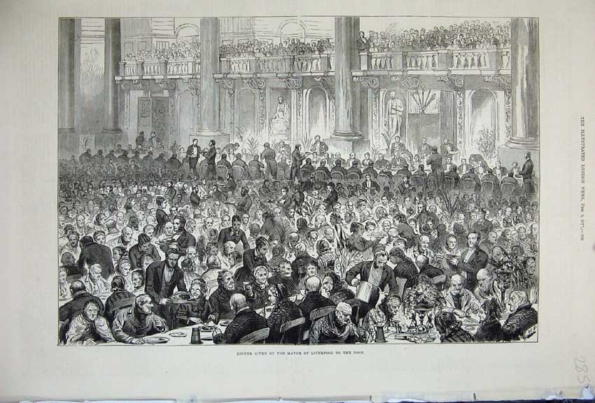 Original Old Antique Print 1877 Dinner Mayor Liverpool Poor People Banquet 19th