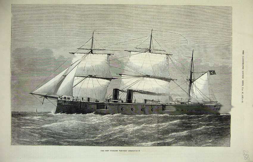Original Old Antique Print 1877 New Turkish War Ship Sailing Memdouhiye 19th