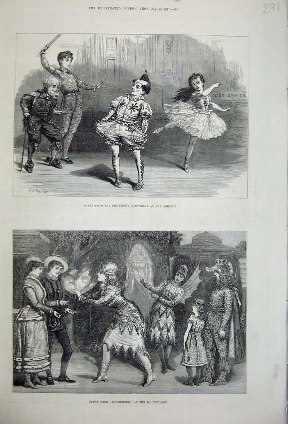 Old Antique Print 1877 Childrens Pantomime Adelphi Polytechnic Hyldemoer 19th