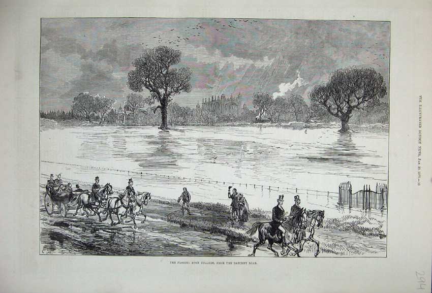 Old Antique Print 1877 River Floods Eton College Datchet Road Horse Coach 19th