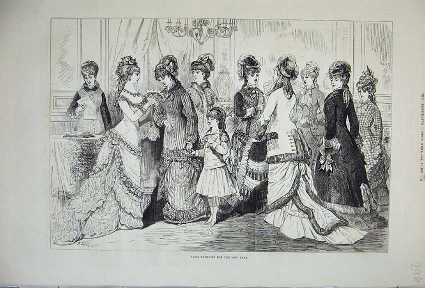 Original Old Antique Print 1877 Womens Paris Fashion New Year Dresses France