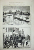 Original Old Antique Print 1877 River Floods Lincoln Bracebridge Street People