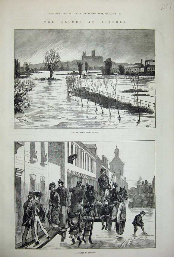 Original Old Antique Print 1877 River Floods Lincoln Bracebridge Street People