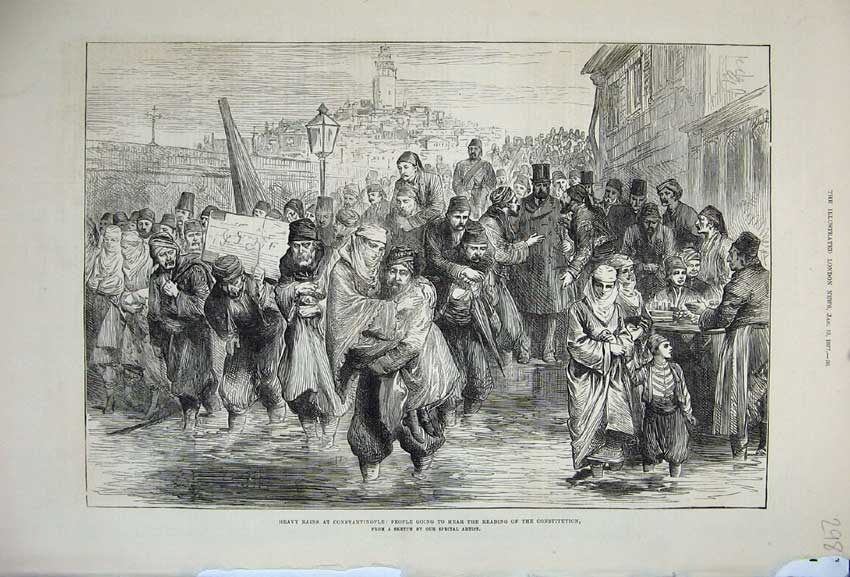 Original Old Antique Print 1877 Rain Constantinople People Street Buildings